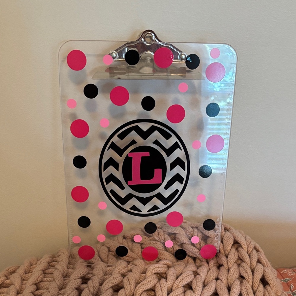“L” Pink and Black acrylic Polka Dot Clipboard. Like new